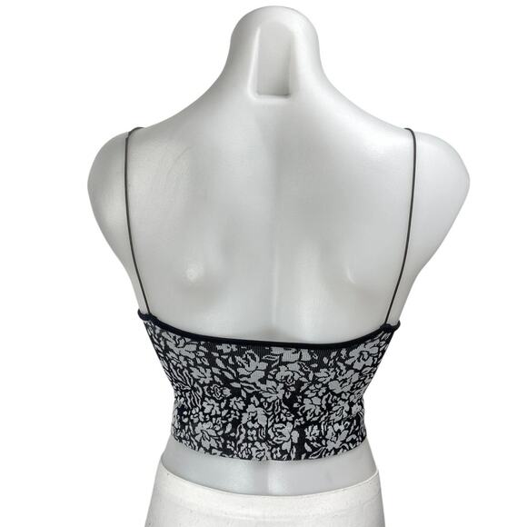 Free People Black Ribbed Knit Floral Sleeveless Cami Camisole Tank Crop Top XS/S - Picture 2 of 3